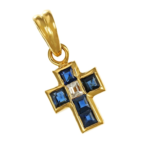 Anhänger, 18K, Gelbgold, Saphir, Diamant, Kreuz