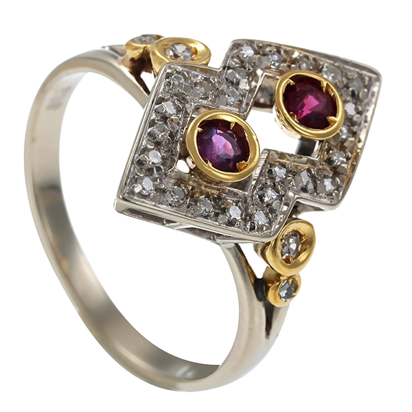 Ring, 18K, Gelb-/Weißgold, Rubine, Diamanten
