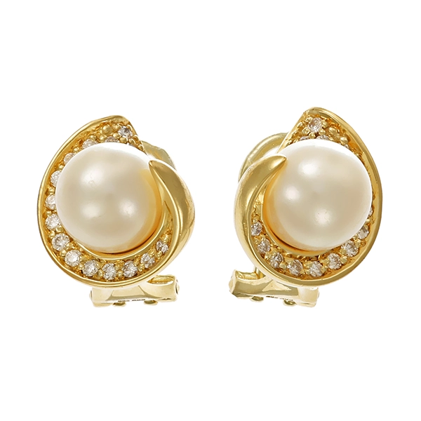 Clipstecker, 14K, Gelbgold, 2 Zuchtperlen, 32 Brillanten