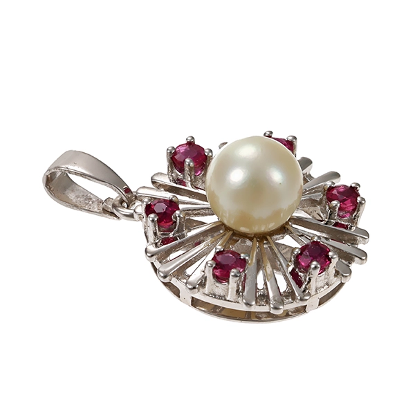 Anhänger, 14K, Weißgold, Perle, Rubine
