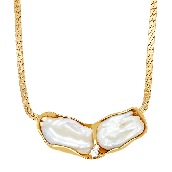 Collier, 14K, Gelbgold, Keshi-Perlen, Brillanten