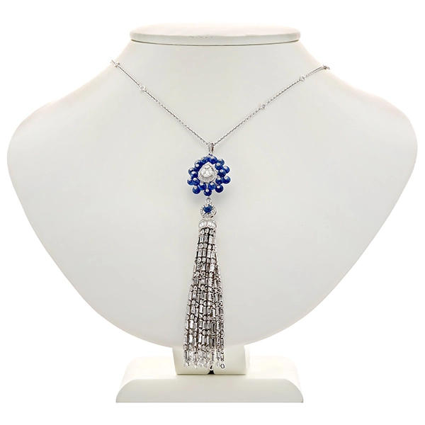 Collier, 18K, Weißgold, Saphir, Brillanten, Diamanten