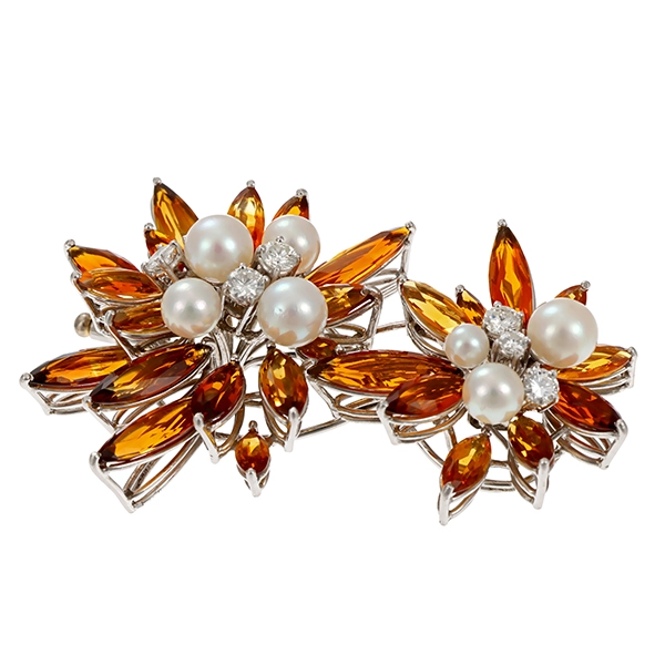Brosche, 18K, Weißgold, Citrin, Brillant