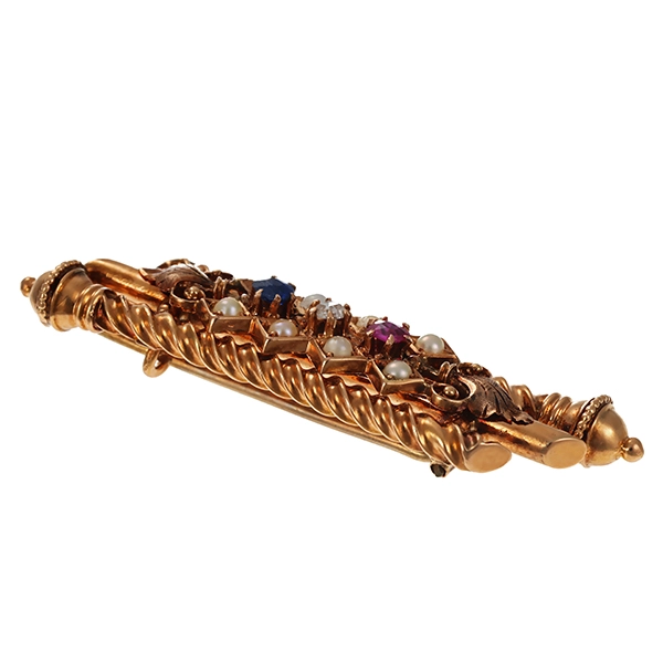Brosche, 14K, Rotgold, Perlen, Rubin, Saphir, Antik