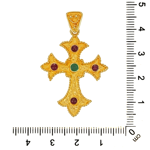 Anhänger, 14K, Gelbgold, Rubine, Smaragd, Kreuz