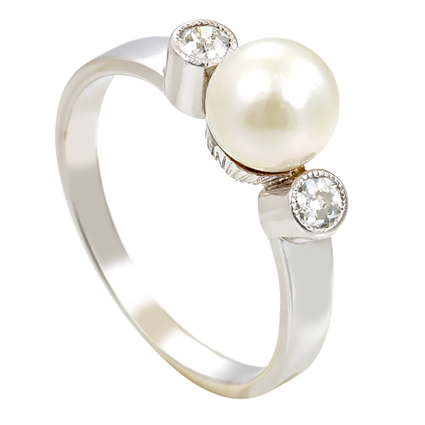 Ring, 18K, Weißgold, Perle, Diamanten 0,12 ct