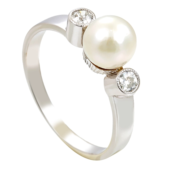 Ring, 18K, Weißgold, Perle, Diamanten 0,12 ct