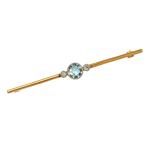 Brosche, 14K, Gelbgold, Aquamarin, Diamant
