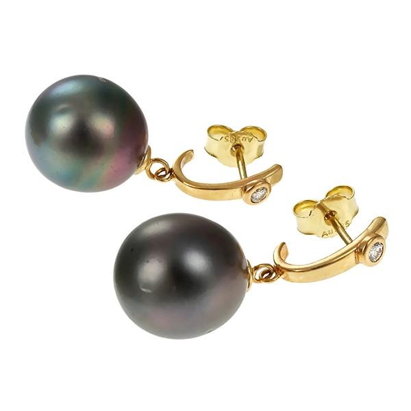 Steckhänger, 14K, Gelbgold, Zuchtperlen, Brillanten