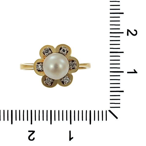 Ring, 14K, Gelbgold, Perle, Diamant
