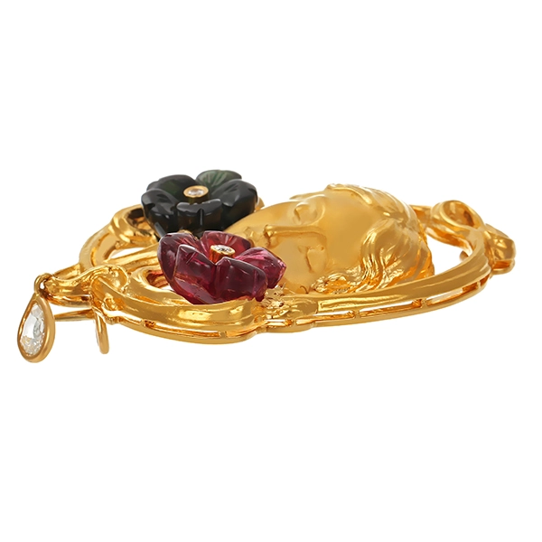 Brosche, 18K, Gelbgold, Brillanten, Diamantrose, Turmaline