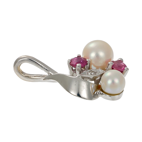 Anhänger, 14K, Weißgold, Rubin, Perle, Diamant
