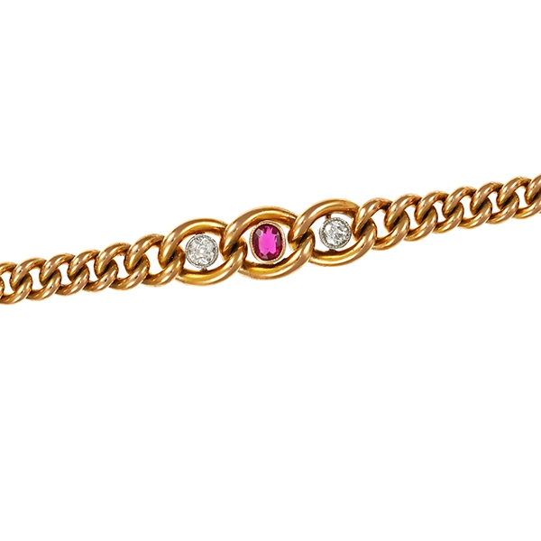 Armband, 14K, Gelbgold, Diamant, Rubin, Antikstil