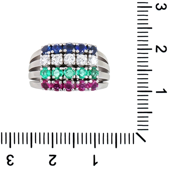 Ring, 18K, Weißgold, Rubin, Saphir, Smaragd