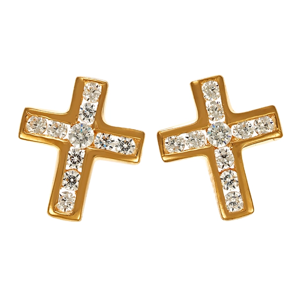 Ohrstecker, 14K, Gelbgold, Zirkonia, Kreuz
