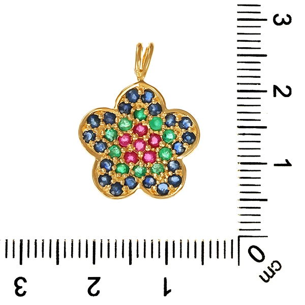 Anhänger, 18K, Gelbgold, Farbsteine, Blume