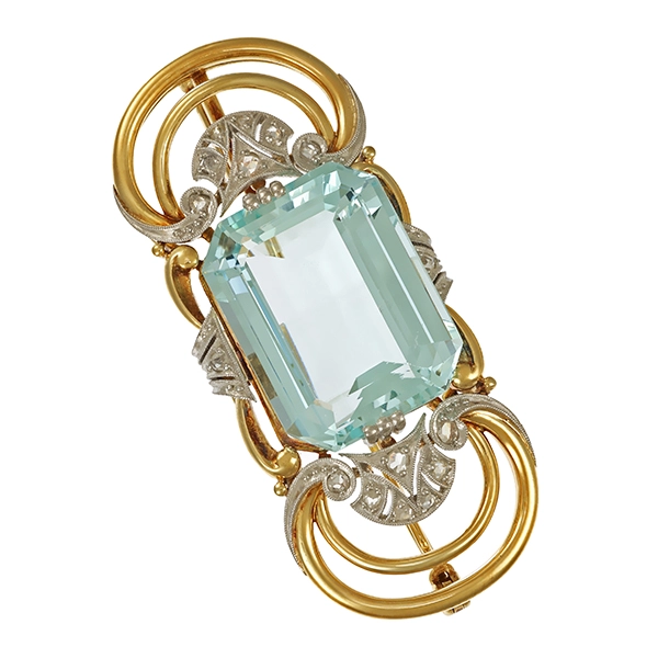 Brosche, 14K, Gelb-/Weißgold, Aquamarin, Diamantrosen