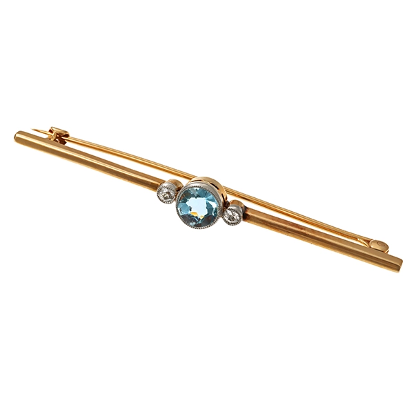Brosche, 14K, Gelbgold, Aquamarin, Diamant