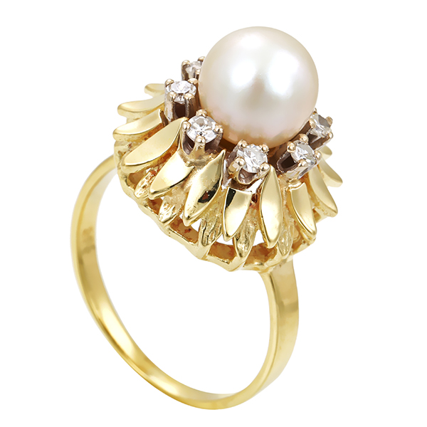Ring, 14K, Gelb-/Weißgold, Perle, Diamanten