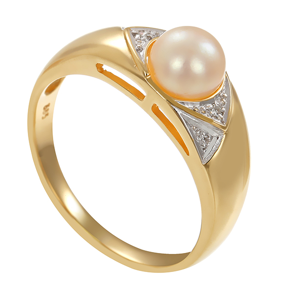 Ring, 14K, Gelb-/Weißgold, Perle, Diamanten