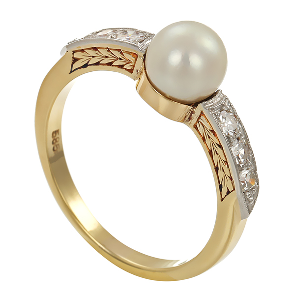 Ring, 14K, Gelb-/Weißgold, Perle, Diamanten