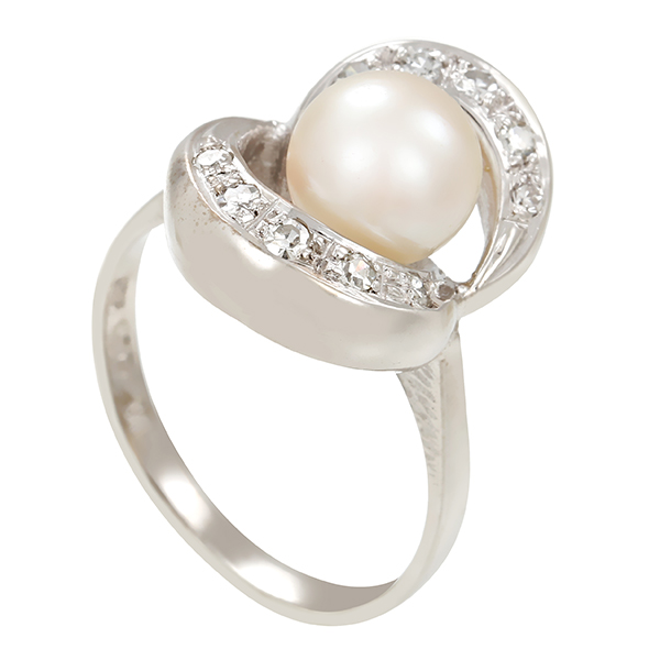 Ring, 14K, Weißgold, Perle, Diamant