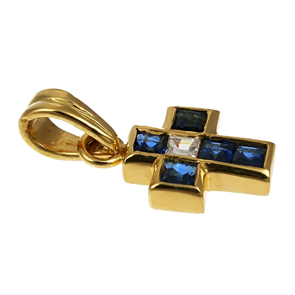 Anhänger, 18K, Gelbgold, Saphir, Diamant, Kreuz