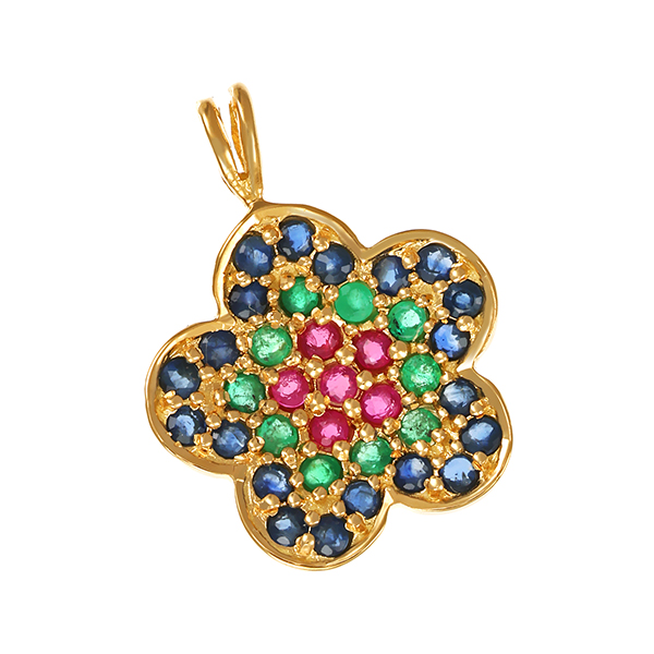 Anhänger, 18K, Gelbgold, Farbsteine, Blume