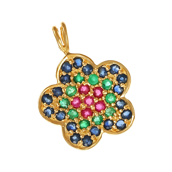 Anhänger, 18K, Gelbgold, Farbsteine, Blume