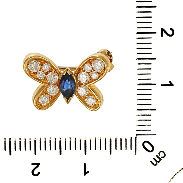 Brosche, 18K, Gelb-/Weißgold, Brillanten, Saphir