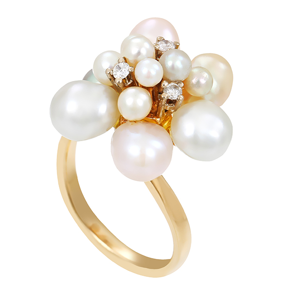 Ring, 14K, Gelbgold, Perlen, Diamanten