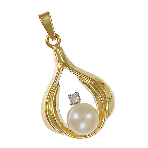 Anhänger, 14K, Gelb-/Weißgold, Perle, Diamant