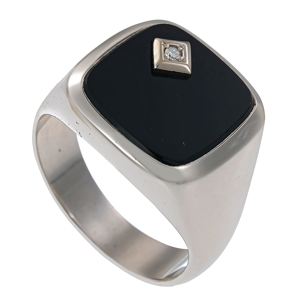 Herrenring, 14K, Weißgold, Onyx, Diamant