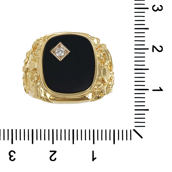 Herrenring, 14K, Gelbgold, Onyx, Brillant