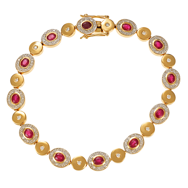 Armband, 18K, Gelbgold, Rubine, Diamanten, Brillanten, L20cm