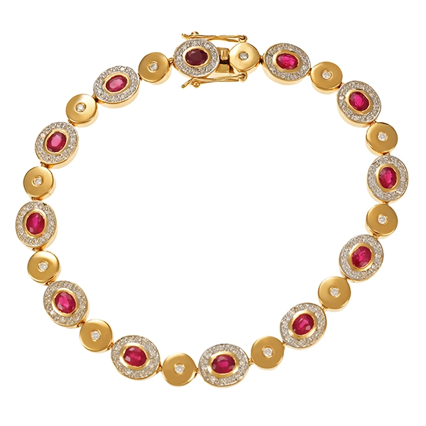 Armband, 18K, Gelbgold, Rubine, Diamanten, Brillanten, L20cm