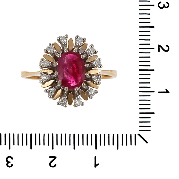 Ring, 14K, Gelb-/Weißgold, Diamanten, synth. Rubin