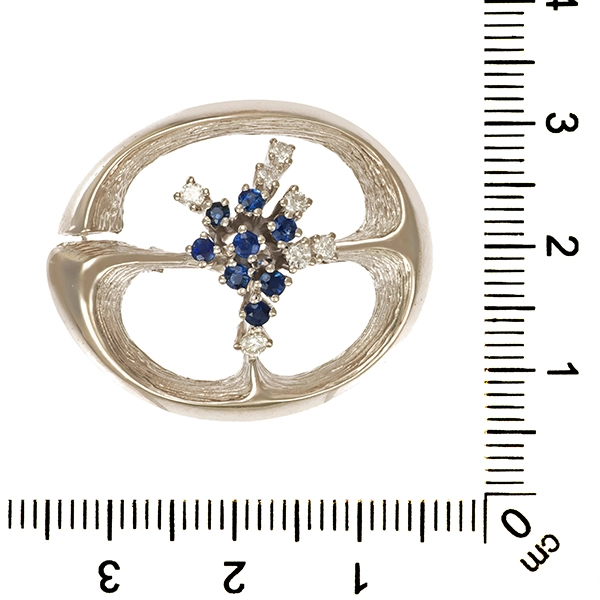 Brosche 14K, Weißgold, Saphir, Brillant