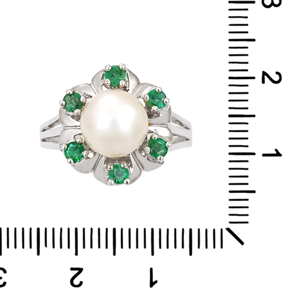Ring, 14K, Weißgold, Perle, Smaragde