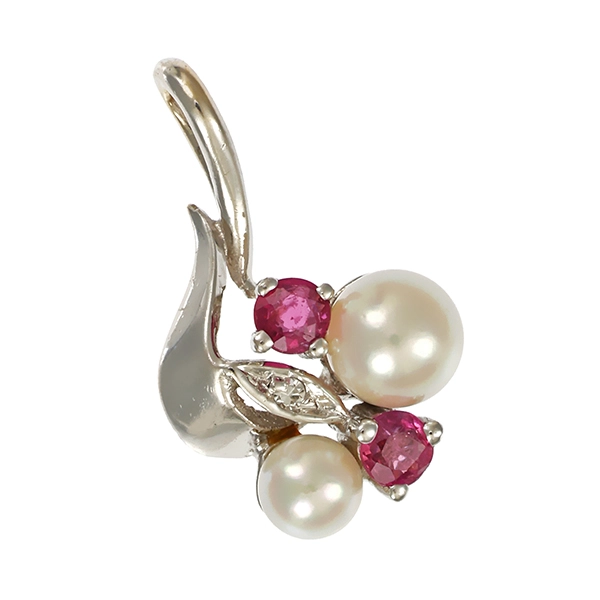 Anhänger, 14K, Weißgold, Rubin, Perle, Diamant