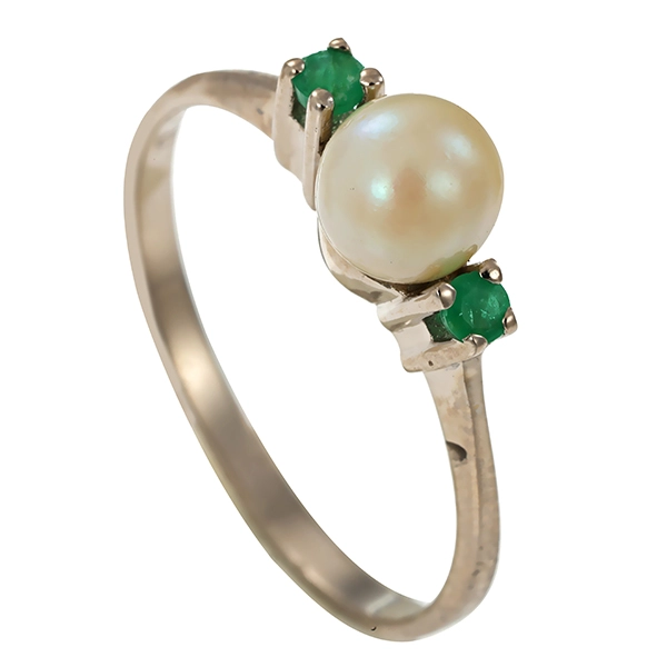 Ring, 14K, Weißgold, Smaragd, Perle