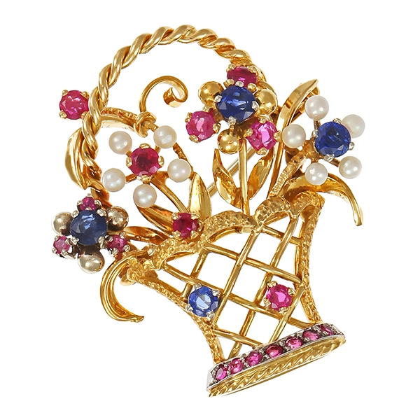 Brosche, 18K, Gelbgold, Perlen, Rubine, Saphire