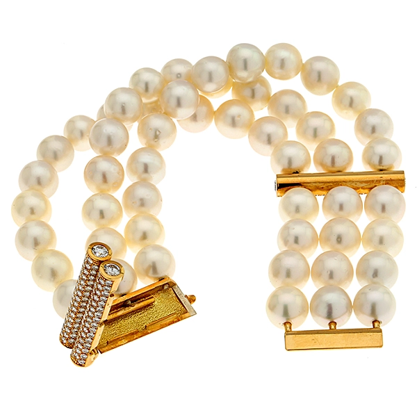 Perlenarmband, Schliesse 18K, Gelbgold, Brillanten
