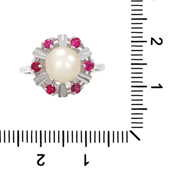 Ring, 14K, Weißgold, Perle, Rubine
