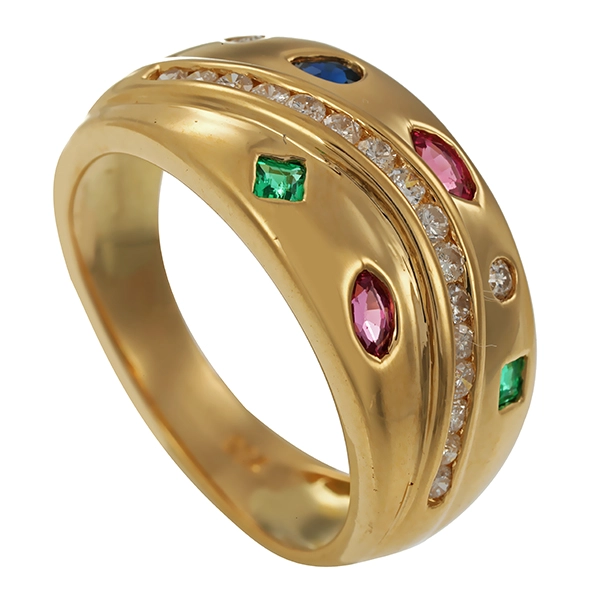 Ring, 18K, Gelbgold, Saphir, Smaragde, Rubine, Brillanen