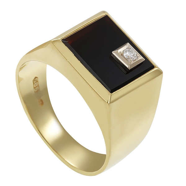 Herrenring, 14K, Gelbgold, Onyx, Brillant