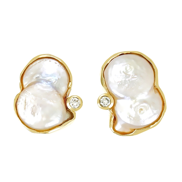 Ohrclip, 14K, Gelbgold, Perle, Brillant
