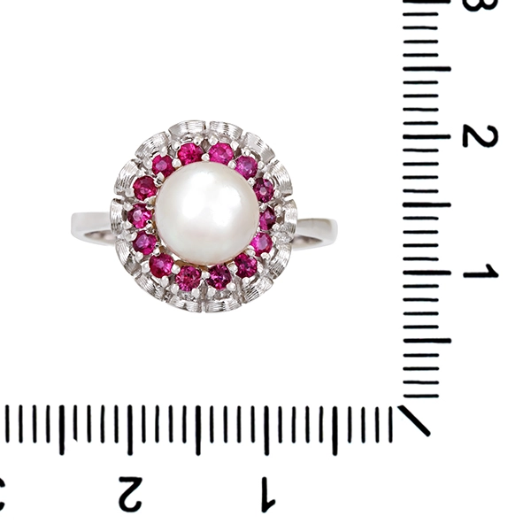 Ring, 18K, Weißgold, Perle, Rubine