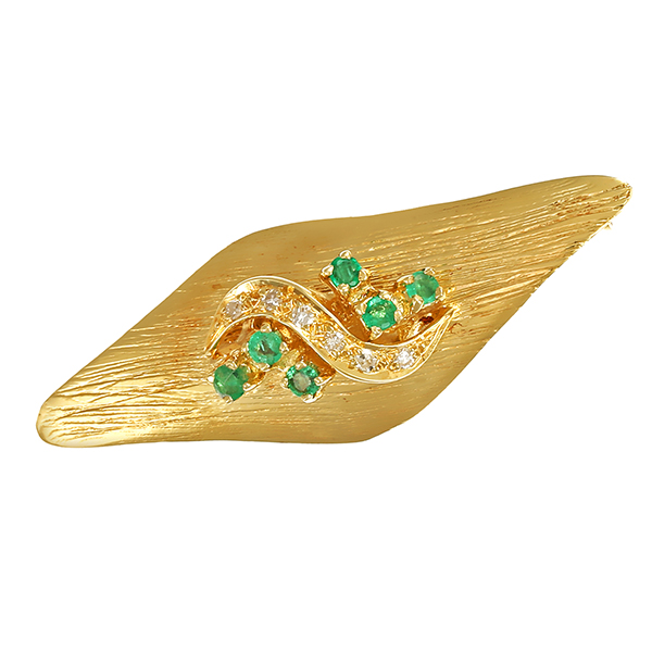 Brosche, 14K, Gelbgold, Smaragd, Diamant