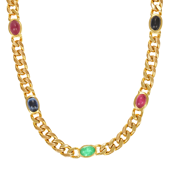 Collier, 14K, Gelbgold, Rubin, Saphir, Smaragd